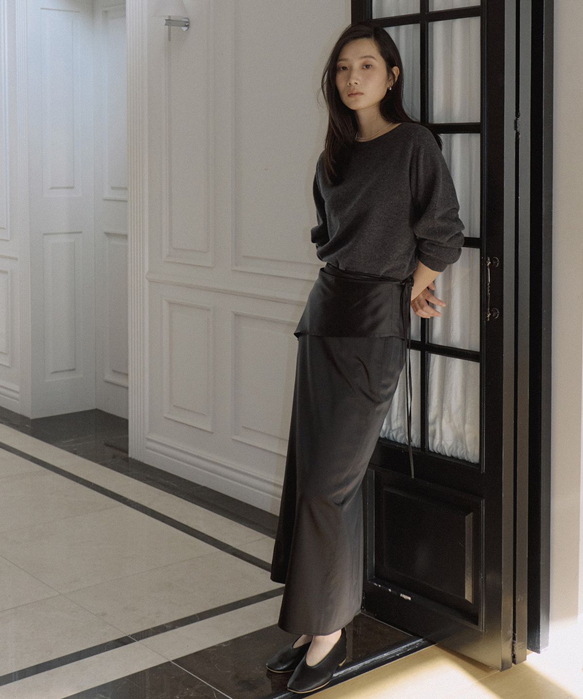 링서울(LINGSEOUL) wrap layered long skirt-black