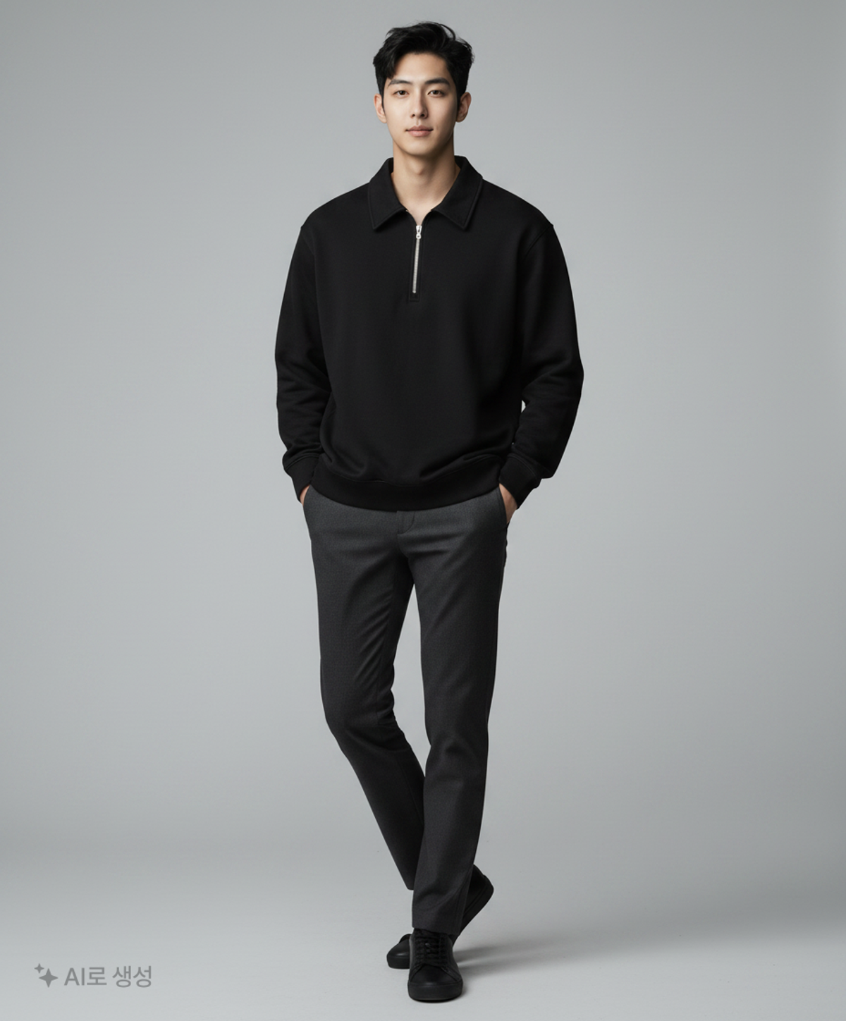 멜란지 마스터(MELANGE MASTER) 오버 핏 카라 하프 집업 스웨트셔츠 [블랙] XL