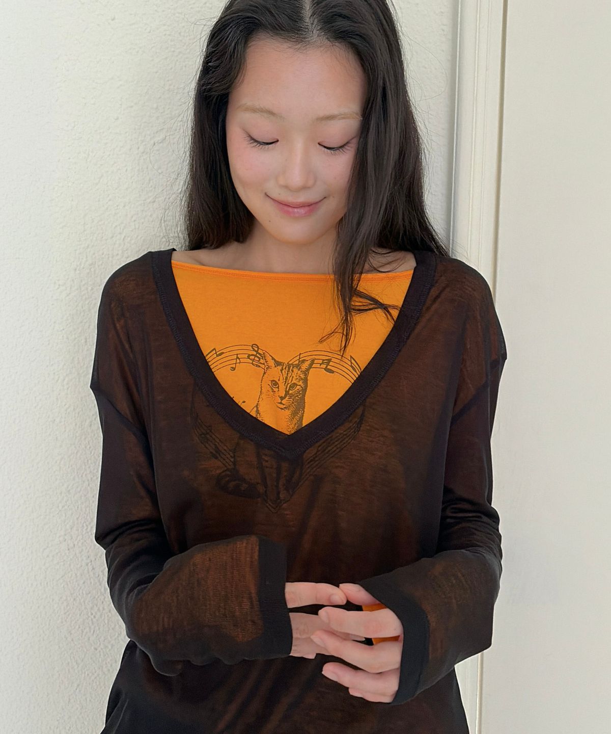 포에브(POEV) Melody Cat Raglan Top - Orange