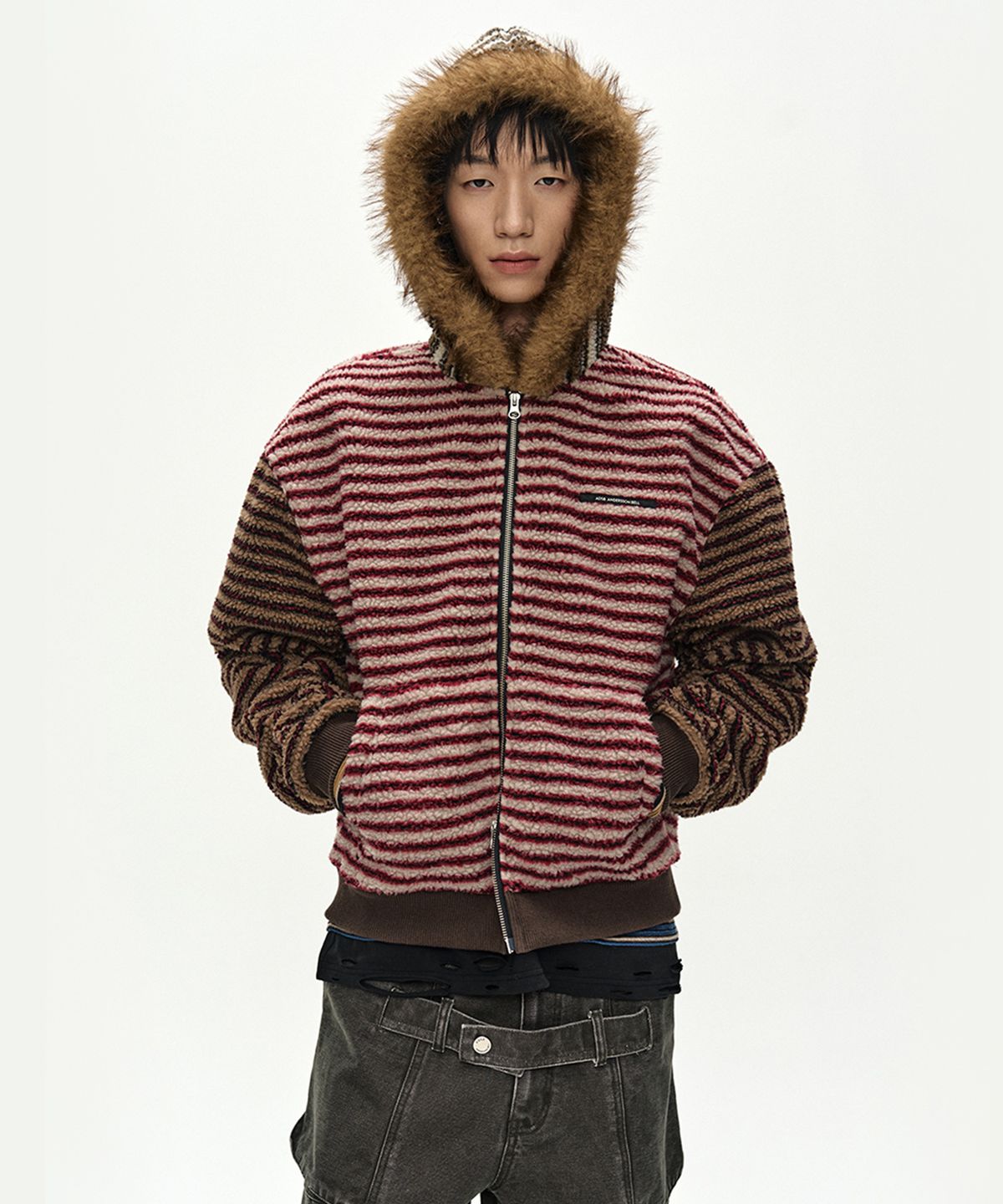 앤더슨벨(ADSB ANDERSSON BELL) UNISEX STRIPE PATCHWORK FLEECE HOODIE ZIP-UP (MULTI)