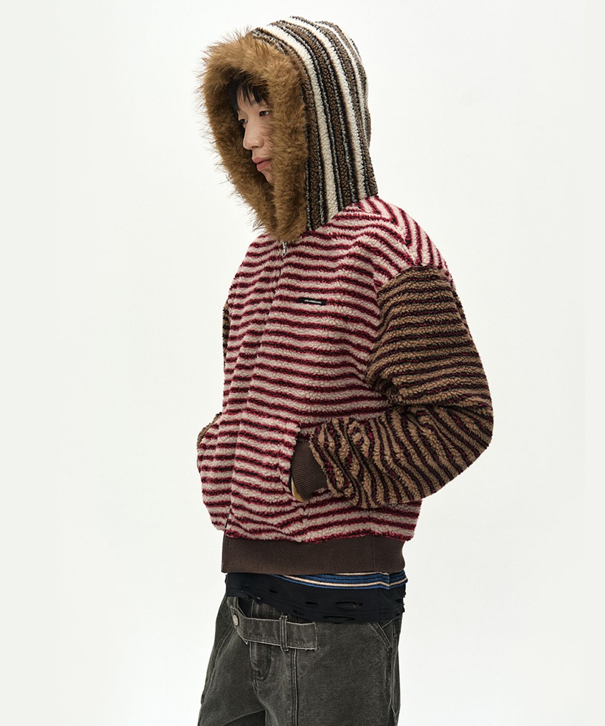 앤더슨벨(ADSB ANDERSSON BELL) UNISEX STRIPE PATCHWORK FLEECE HOODIE ZIP-UP (MULTI)