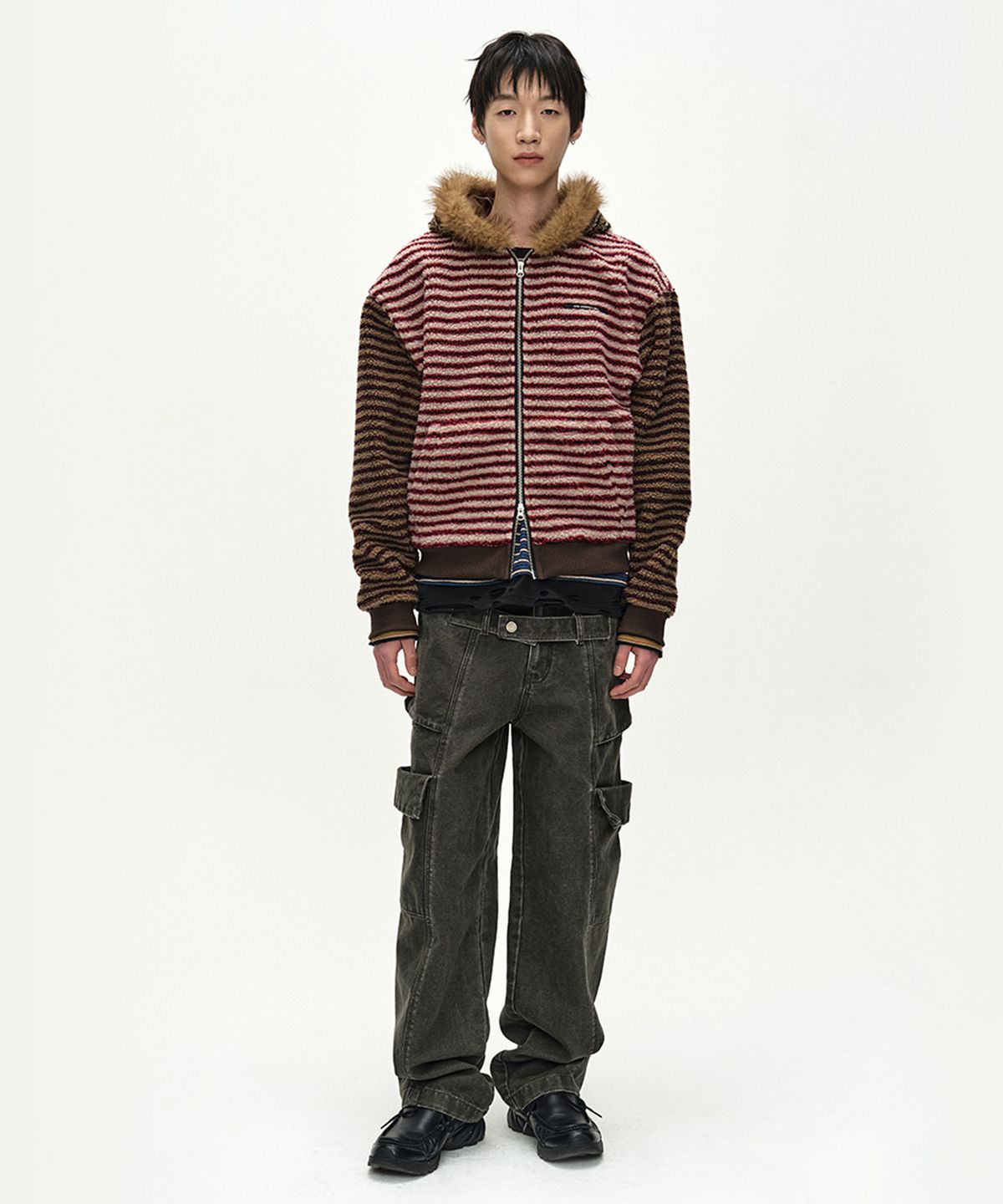 앤더슨벨(ADSB ANDERSSON BELL) UNISEX STRIPE PATCHWORK FLEECE HOODIE ZIP-UP (MULTI)