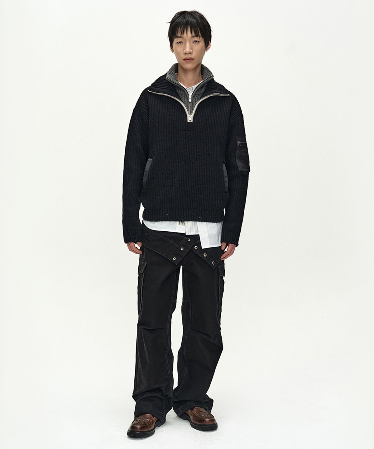 앤더슨벨(ADSB ANDERSSON BELL) DOUBLE LAYERED QUARTER ZIP-UP SWEATER (BLACK/GREY)