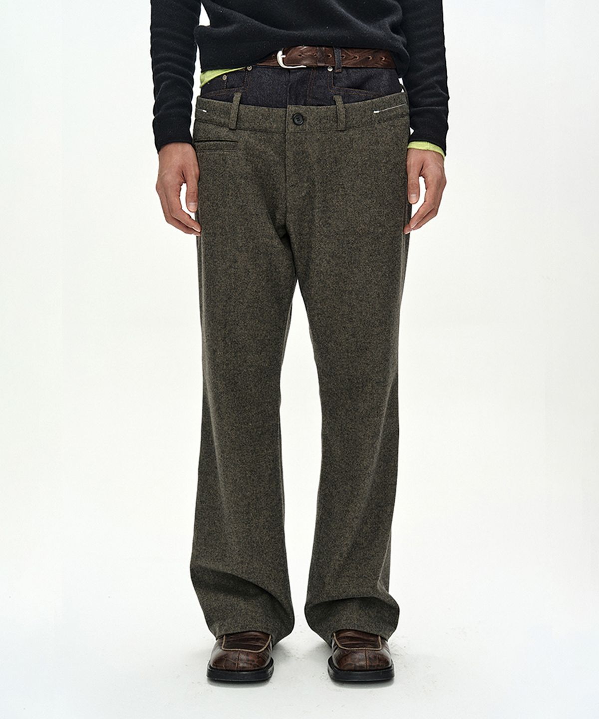 앤더슨벨(ADSB ANDERSSON BELL) DOUBLE WAIST DENIM WOOL TROUSERS (GREY/INDIGO)