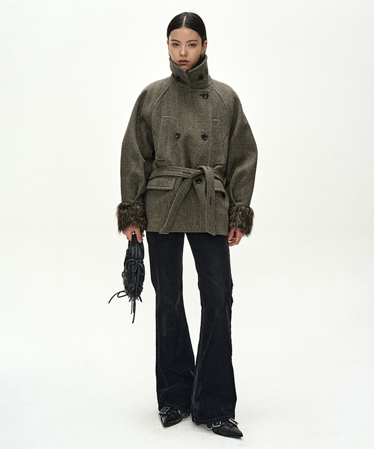 앤더슨벨(ADSB ANDERSSON BELL) FUR CUFF HIGH NECK COAT (BROWN)