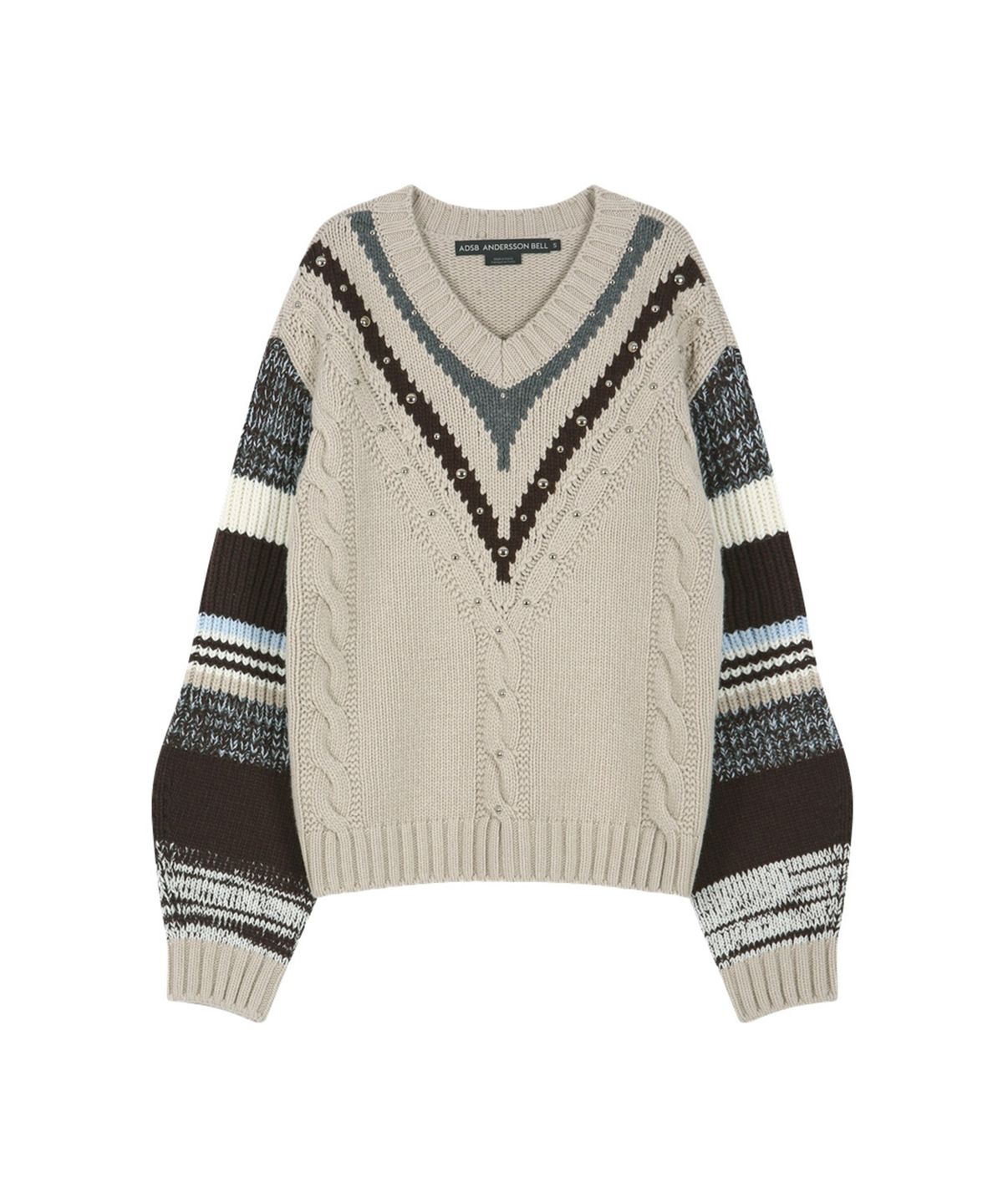 앤더슨벨(ADSB ANDERSSON BELL) STUDDED CABLE V-NECK MULTI-STRIPE PULLOVER (IVORY)