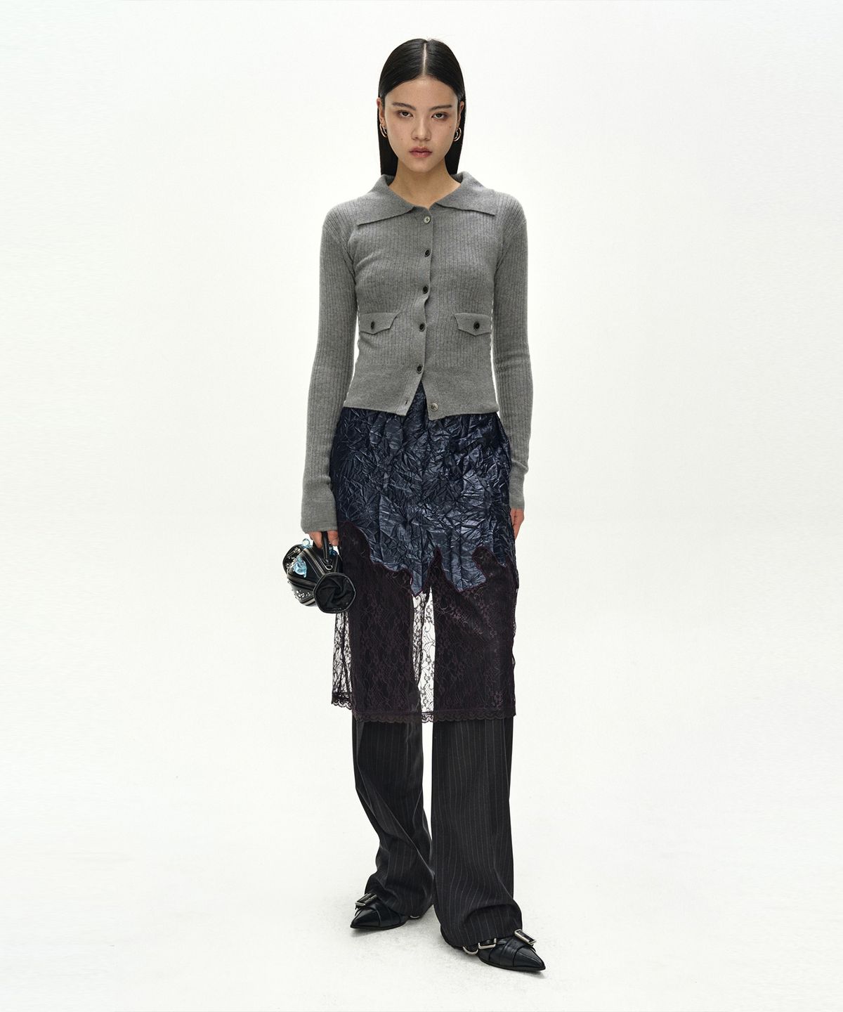 앤더슨벨(ADSB ANDERSSON BELL) CASHMERE HAND STITCHED RIB CARDIGAN (MELANGE GREY)