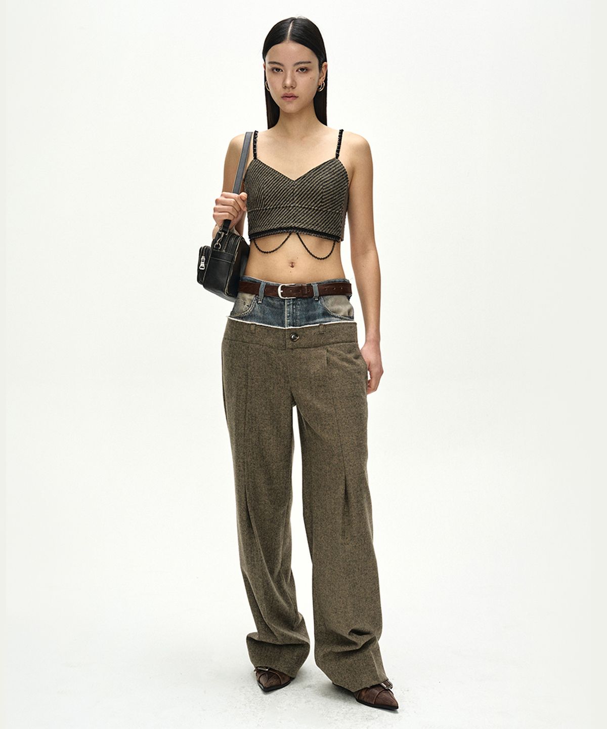 앤더슨벨(ADSB ANDERSSON BELL) DENIM-WAIST HERRINGBONE TROUSERS (KHAKI BROWN)