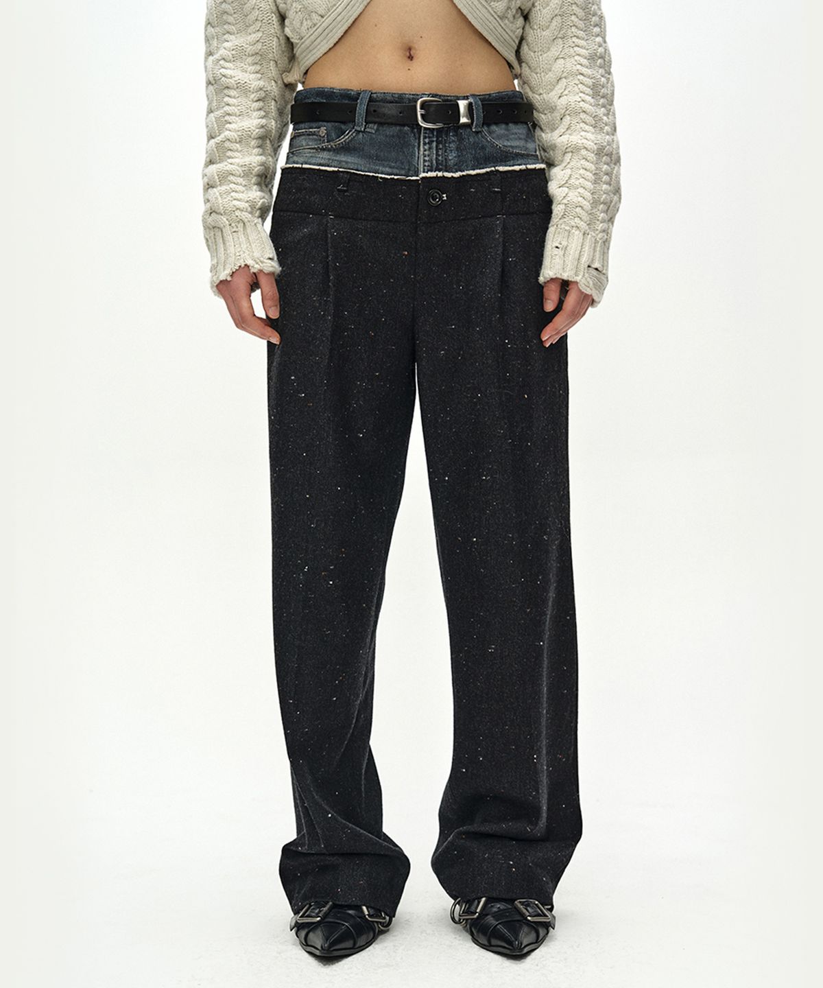 앤더슨벨(ADSB ANDERSSON BELL) DENIM-WAIST NEP WOOL TROUSERS (BLACK)