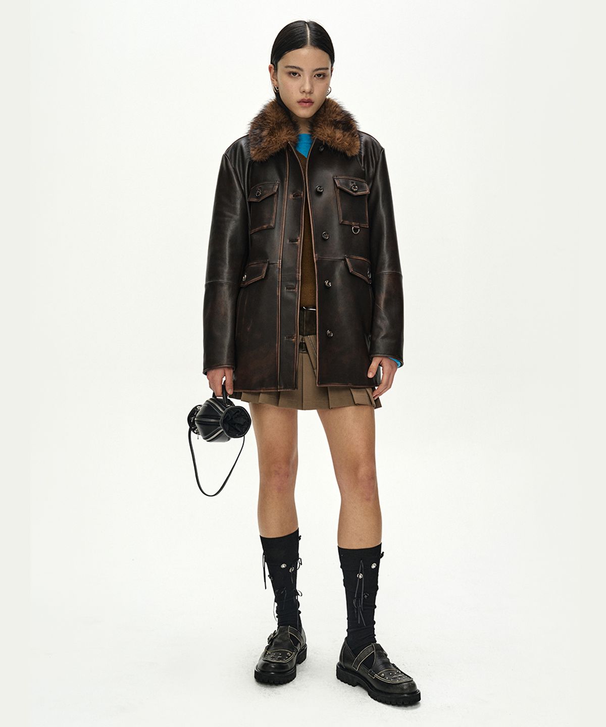 앤더슨벨(ADSB ANDERSSON BELL) FUR COLLAR FIELD LEATHER JACKET (BROWN)