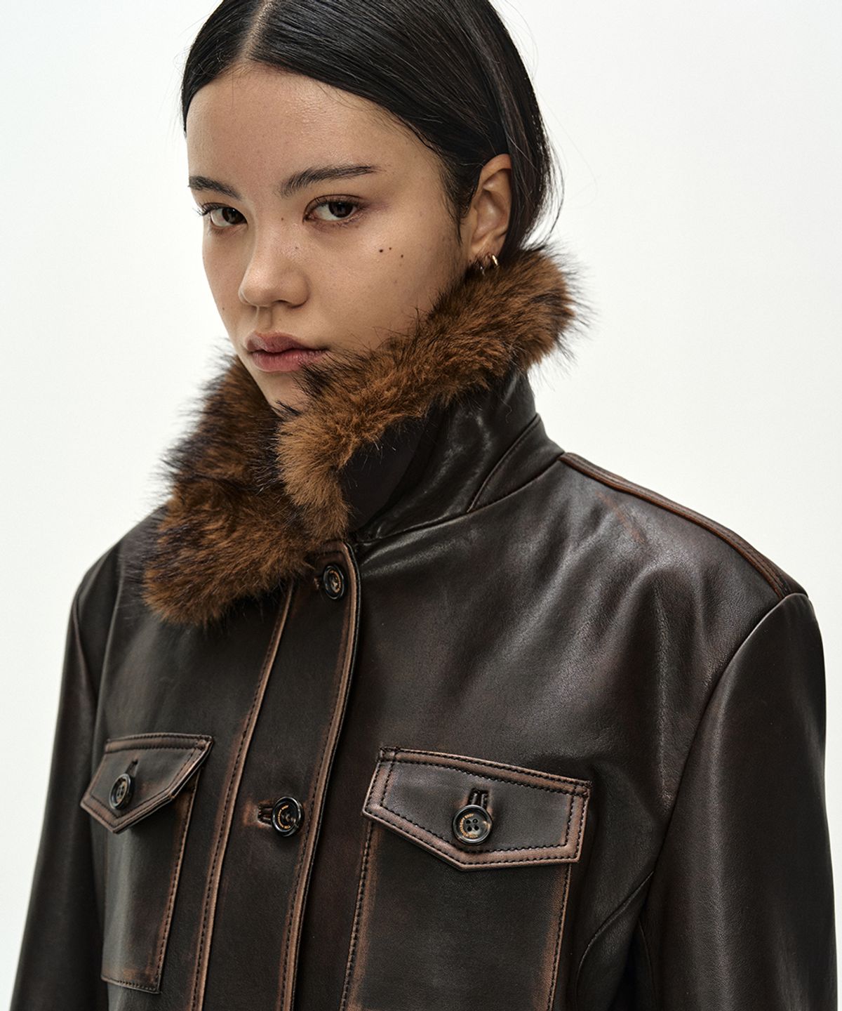 앤더슨벨(ADSB ANDERSSON BELL) FUR COLLAR FIELD LEATHER JACKET (BROWN)
