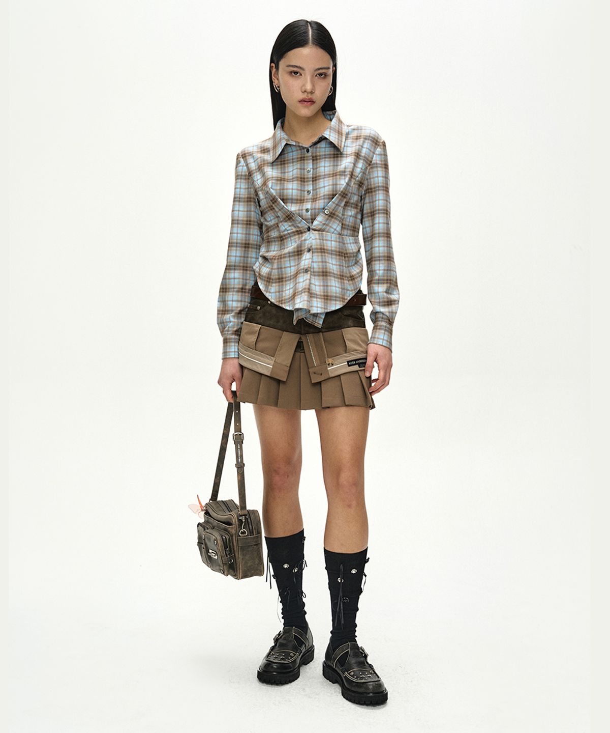 앤더슨벨(ADSB ANDERSSON BELL) CHECK DRAPED WAIST SHIRT (BLUE/ORANGE)