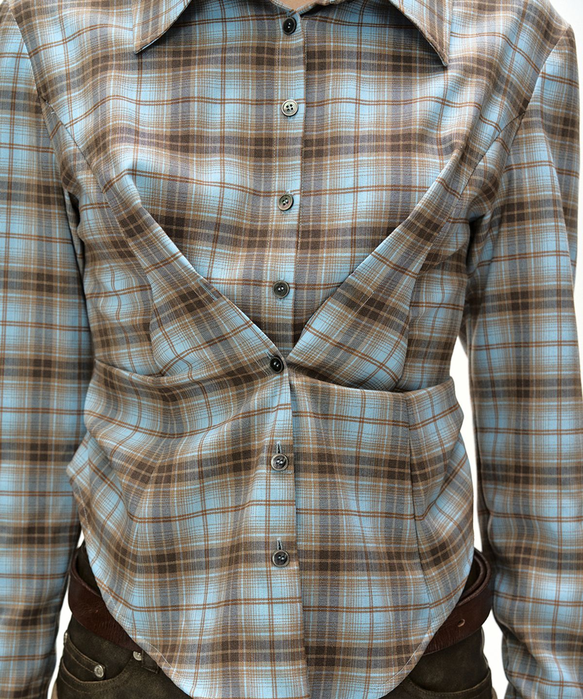 앤더슨벨(ADSB ANDERSSON BELL) CHECK DRAPED WAIST SHIRT (BLUE/ORANGE)