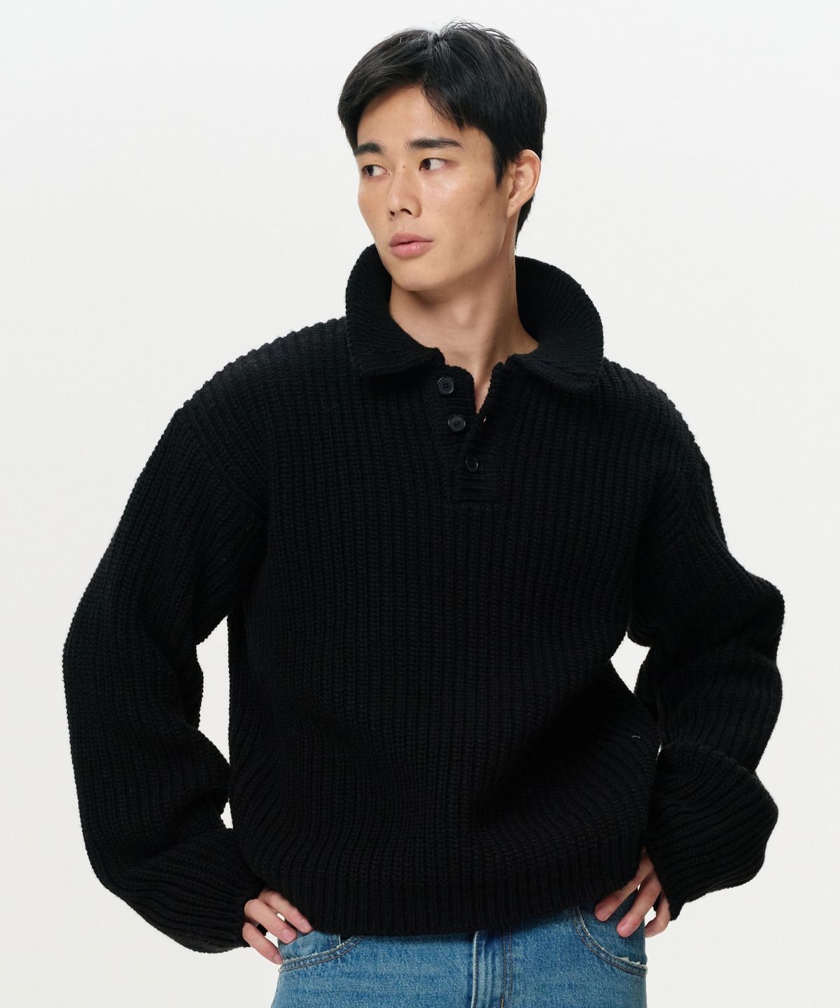 이알에이(ERA) UNISEX ERA HEAVY GAUGE COLLAR KNIT - BLACK