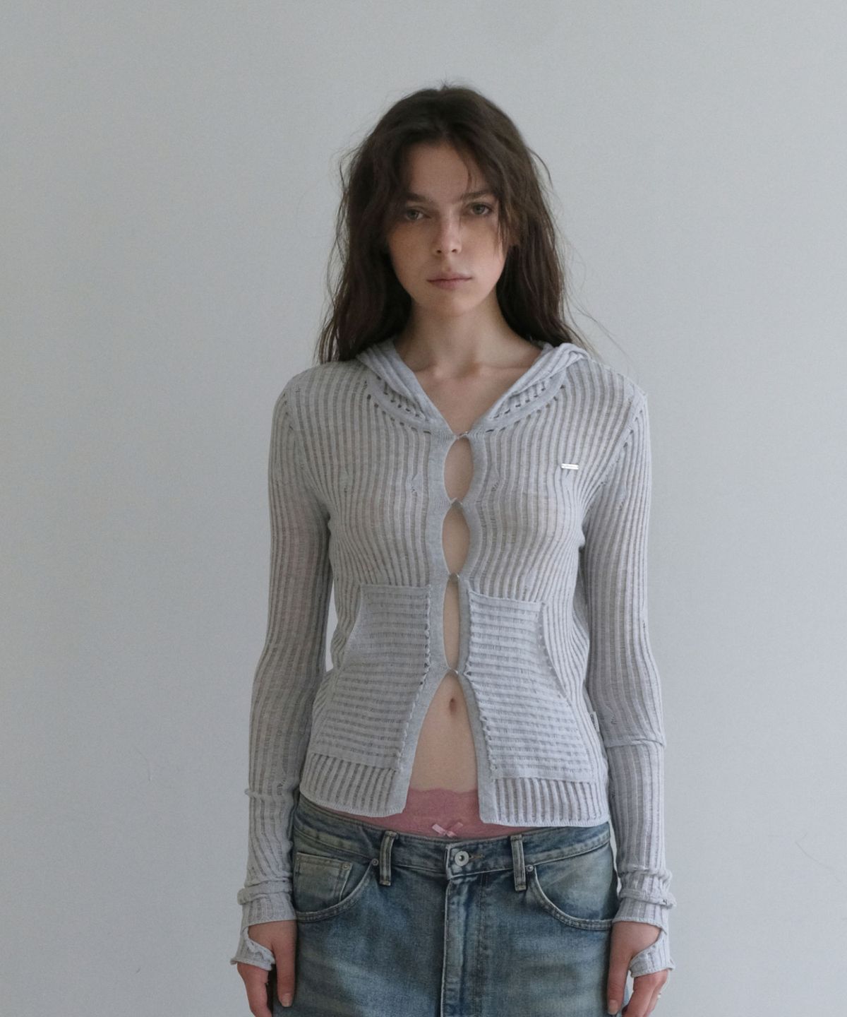 오디너리 홀리데이(ORDINARY HOLIDAY) SHEER RIBBED HOODED CARDIGAN [MELANGE GRAY]