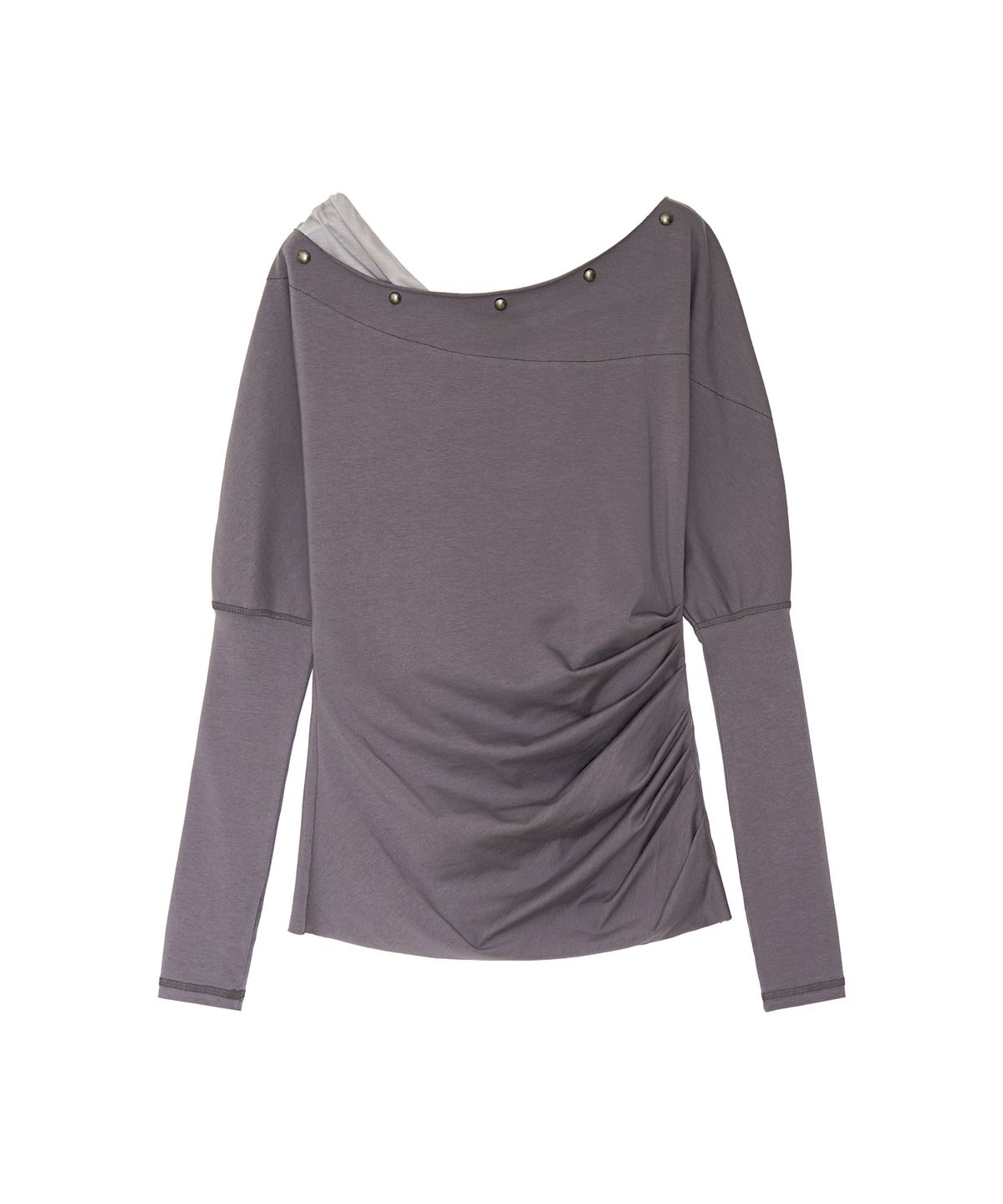 긴스키(GINSUKI) [긴스키 X 물바다]STUDDED OFF-SHOULDER SHIRRING LONG SLEEVE (GREY)