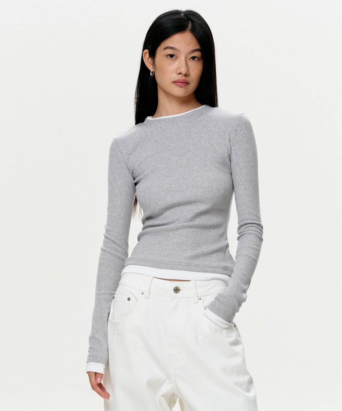 이알에이(ERA) WOMEN COLOR LAYERED SLIM RIB T - HEATHER GRAY