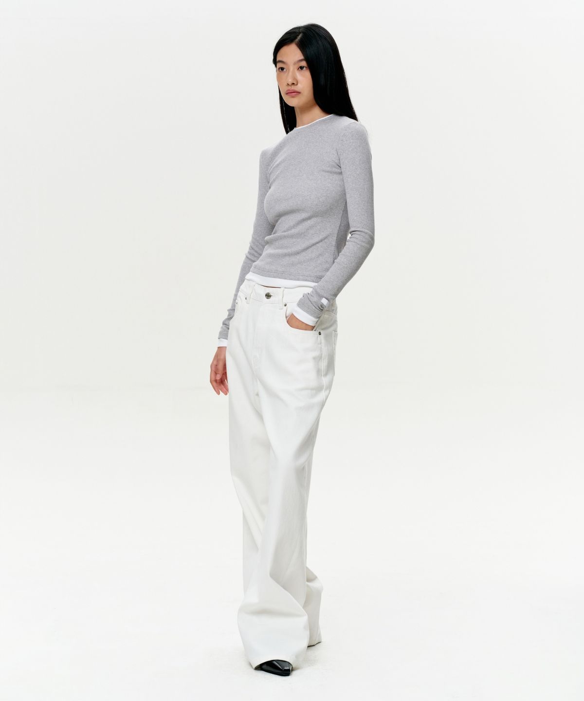 이알에이(ERA) WOMEN COLOR LAYERED SLIM RIB T - HEATHER GRAY