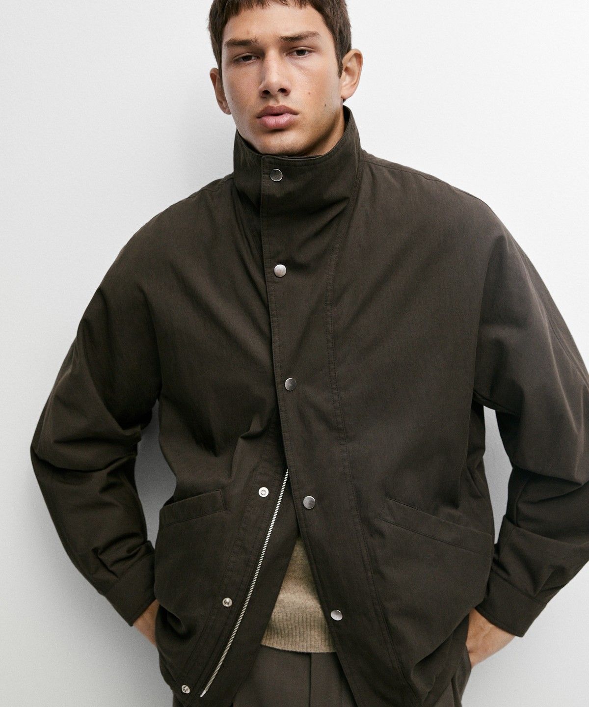 마시모두띠(MASSIMO DUTTI) 코튼 혼방 퍼널넥 재킷