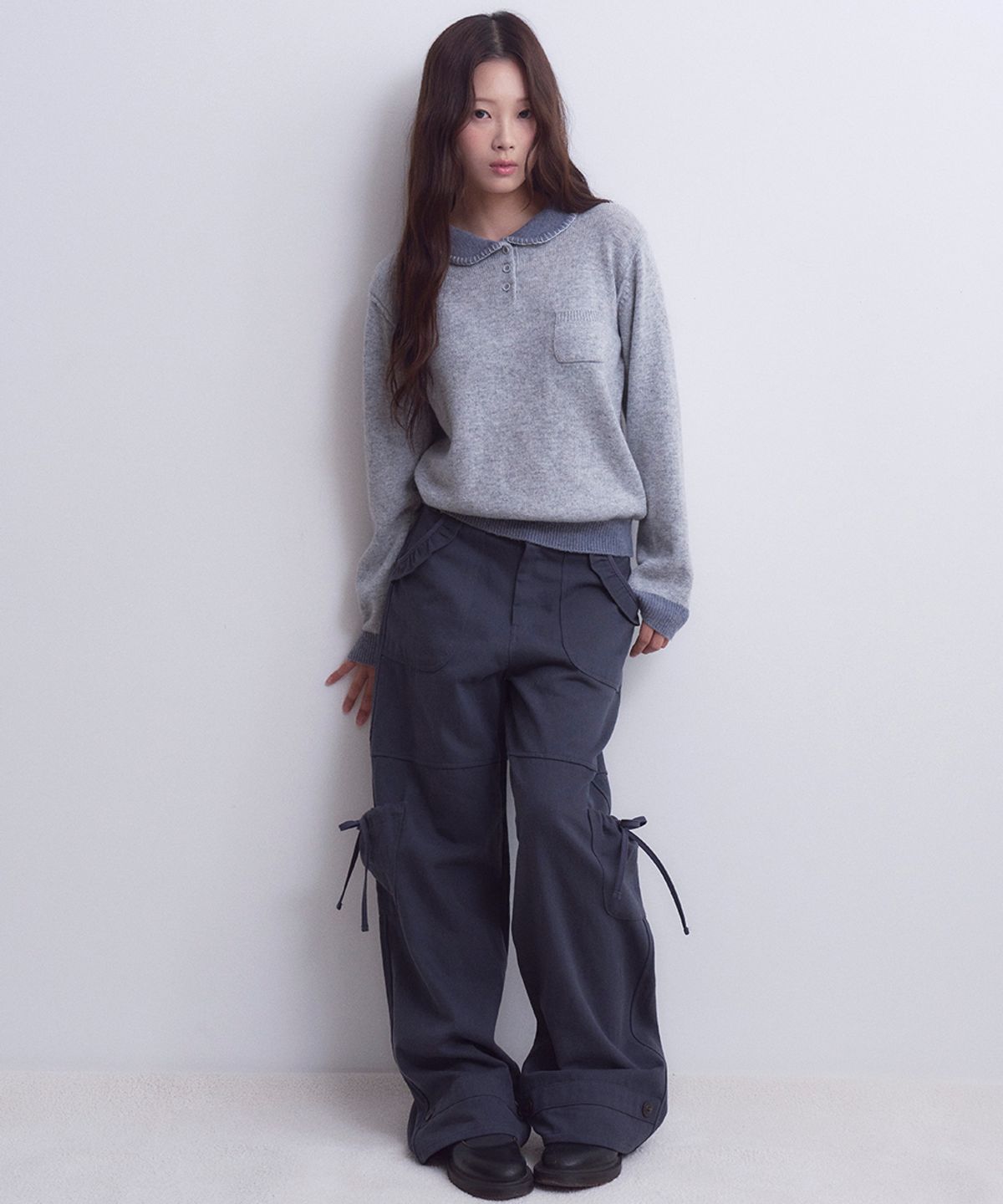오피쉬(OAFISH) Ruffled Ribbon Pocket Pants, Navy