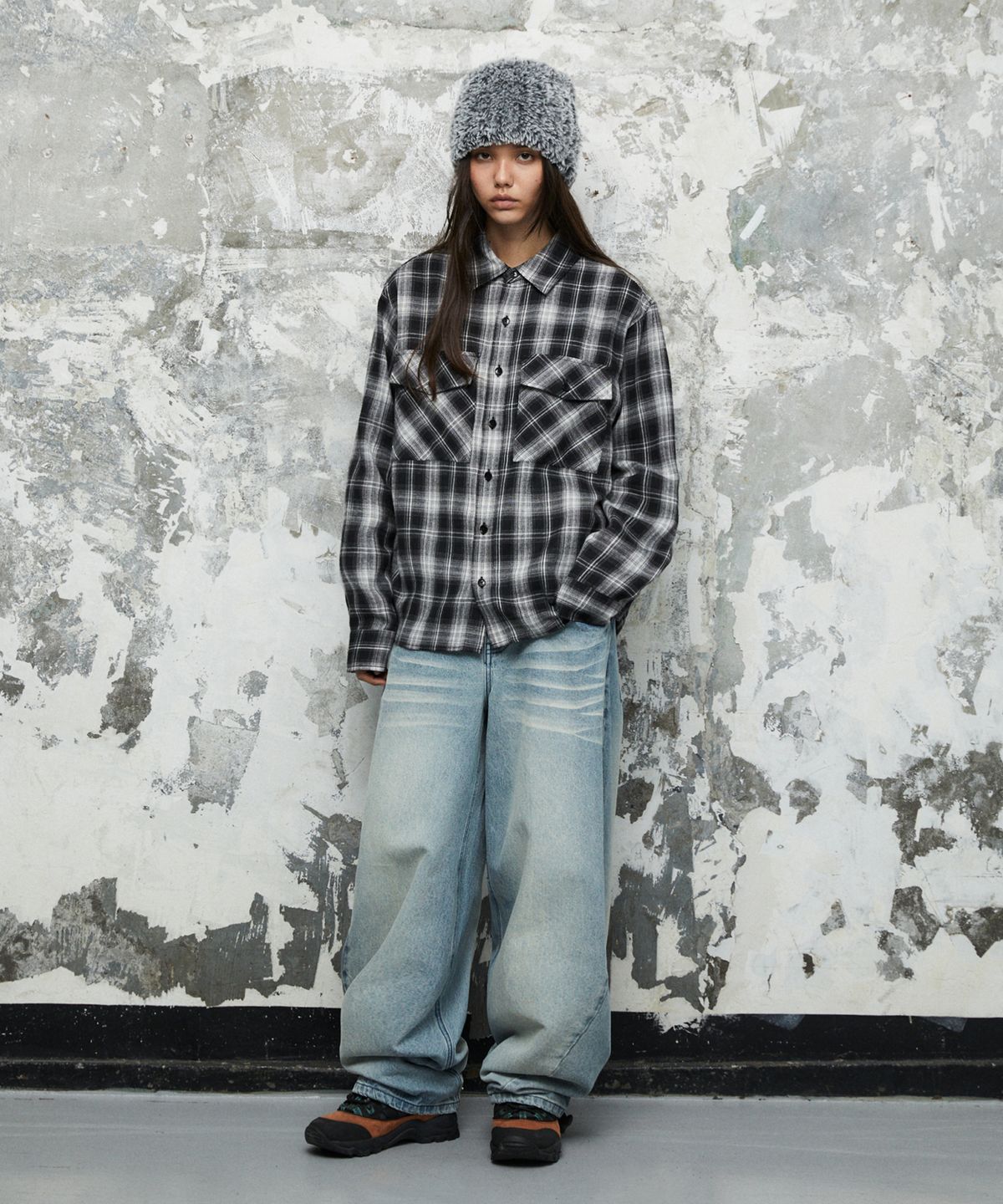 마하그리드(MAHAGRID) TWO POCKET CROP CHECK SHIRT[BLACK]