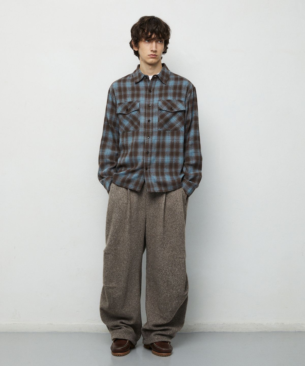 마하그리드(MAHAGRID) TWO POCKET CROP CHECK SHIRT[BROWN]