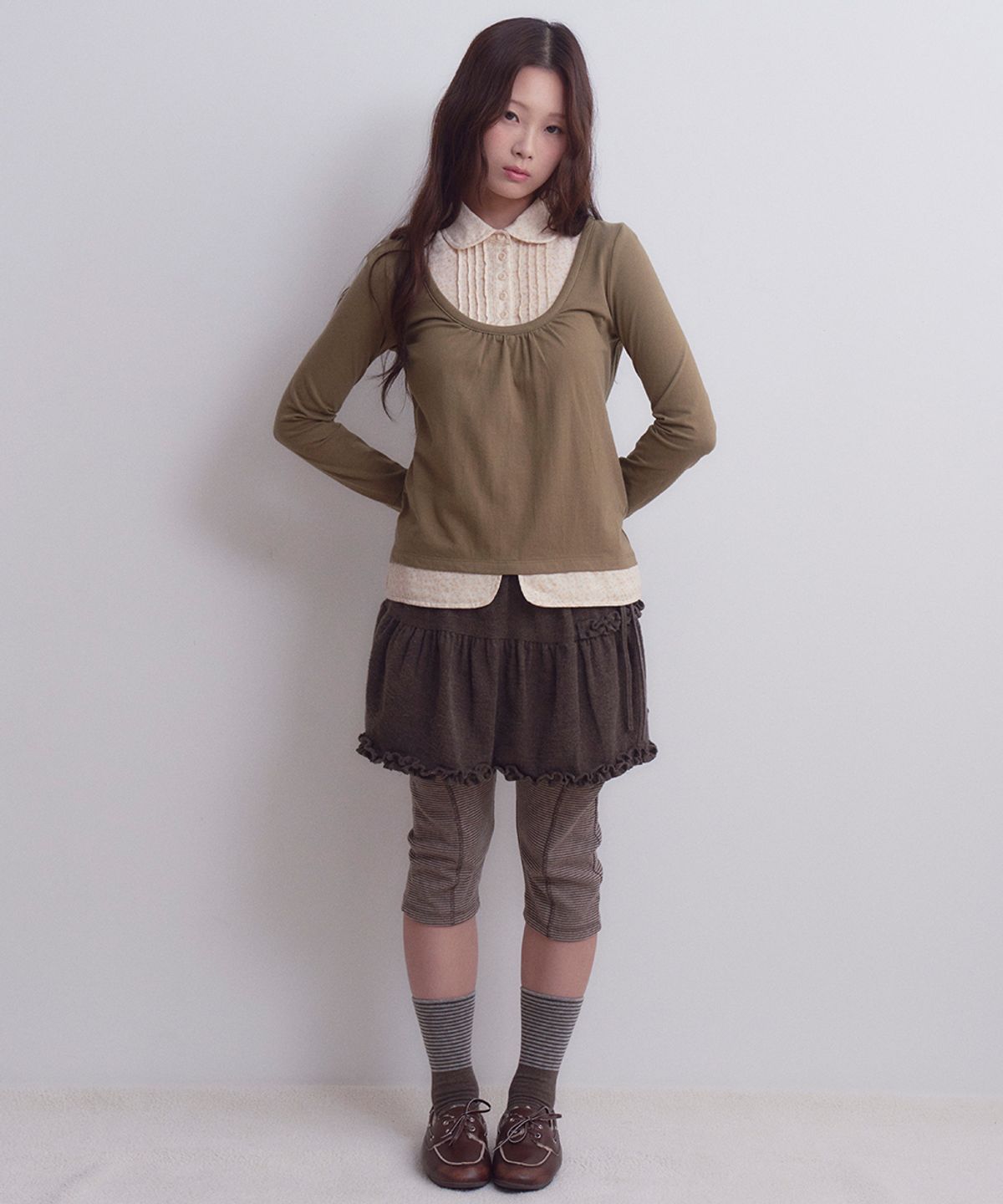 오피쉬(OAFISH) Layered Ruffle Skirt, Brown