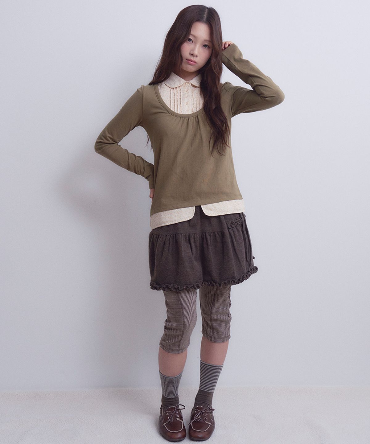 오피쉬(OAFISH) Layered Ruffle Skirt, Brown