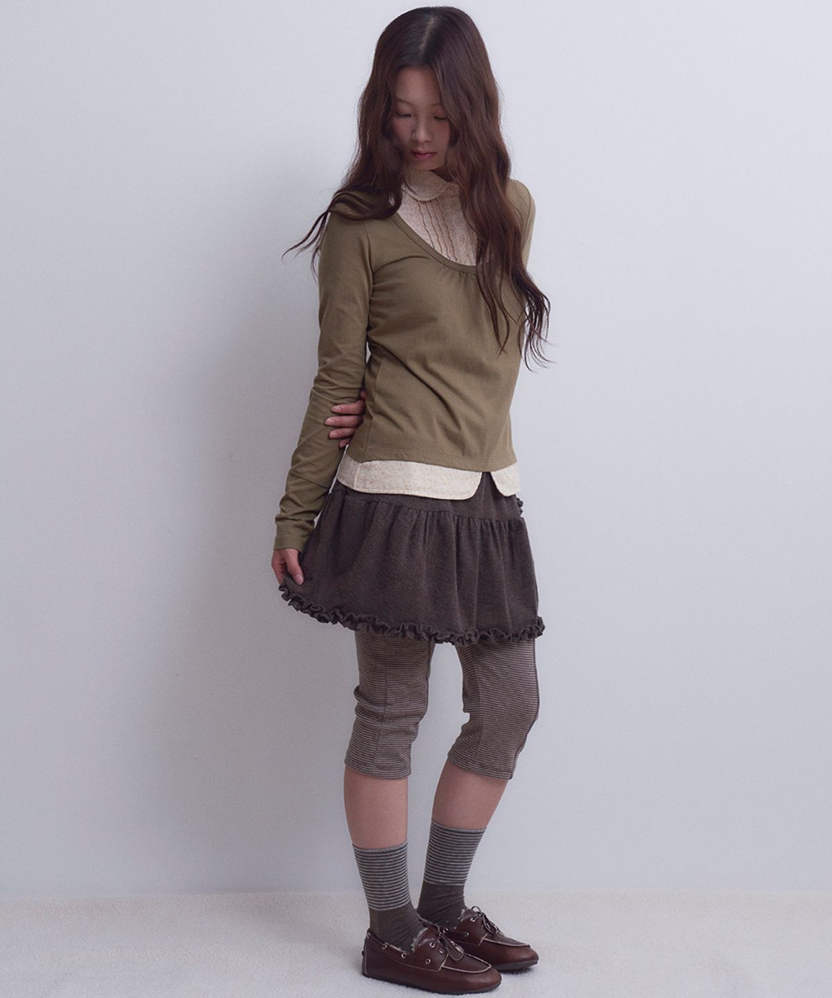 오피쉬(OAFISH) Layered Ruffle Skirt, Brown
