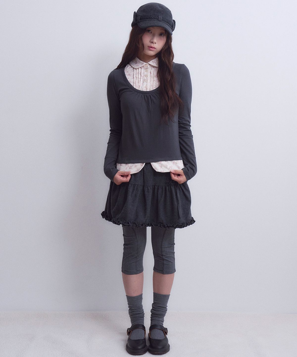 오피쉬(OAFISH) Layered Ruffle Skirt, Charcoal