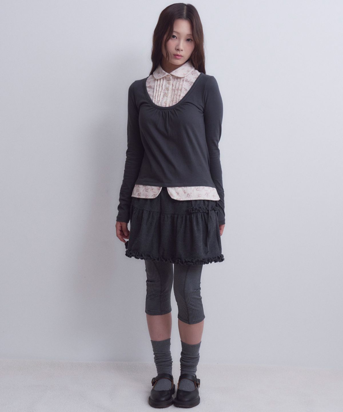 오피쉬(OAFISH) Layered Ruffle Skirt, Charcoal