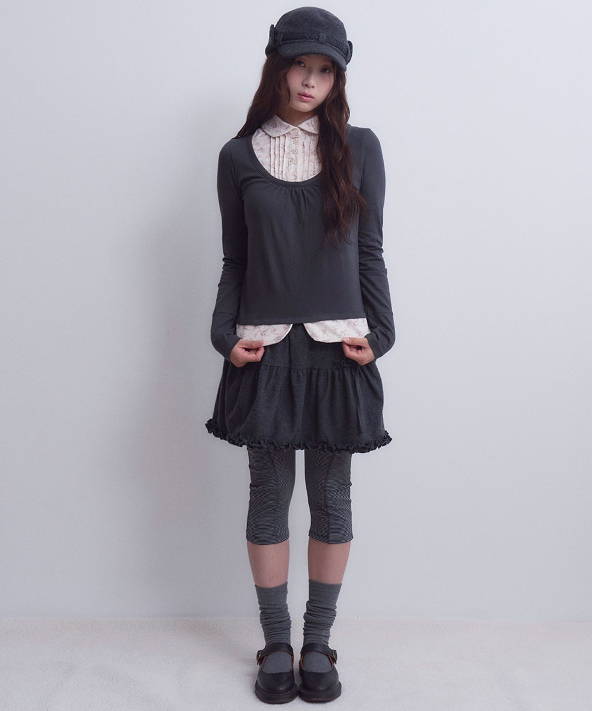 오피쉬(OAFISH) Layered Ruffle Skirt, Charcoal