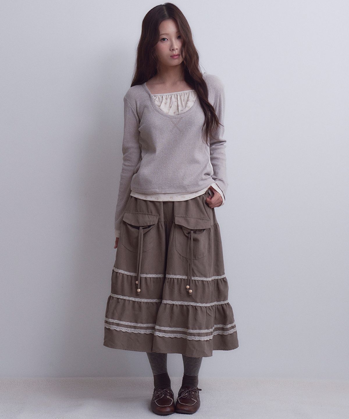 오피쉬(OAFISH) Lace Shirring Pocket Skirt, Brown