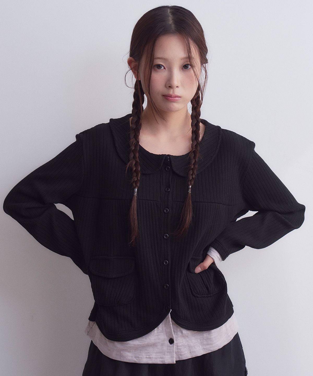 오피쉬(OAFISH) Layered Collar Pocket Cardigan, Black