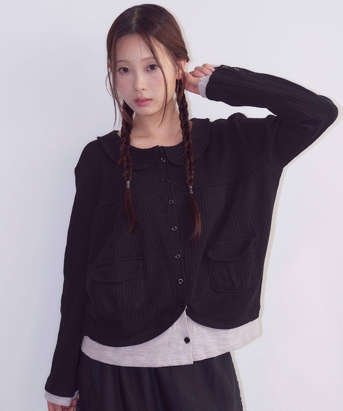오피쉬(OAFISH) Layered Collar Pocket Cardigan, Black