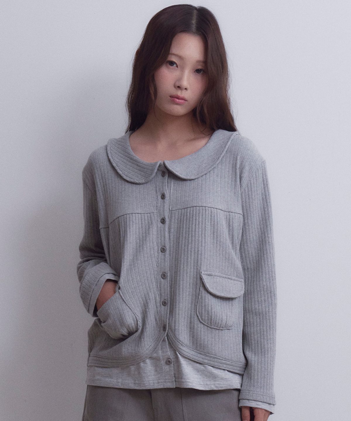 오피쉬(OAFISH) Layered Collar Pocket Cardigan, Gray