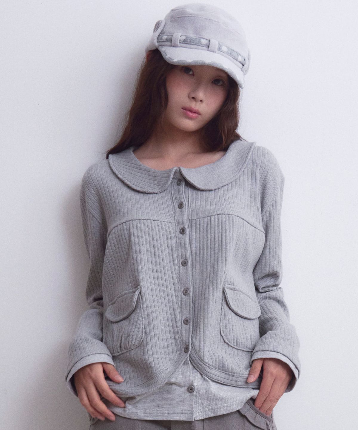 오피쉬(OAFISH) Layered Collar Pocket Cardigan, Gray