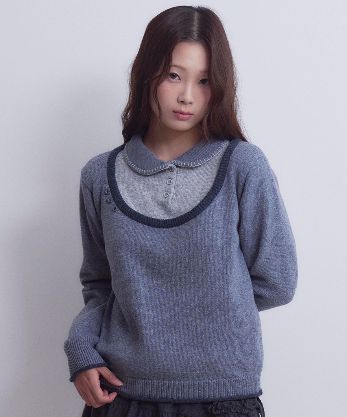 오피쉬(OAFISH) Rolled U-Neck Knit, Blue Gray