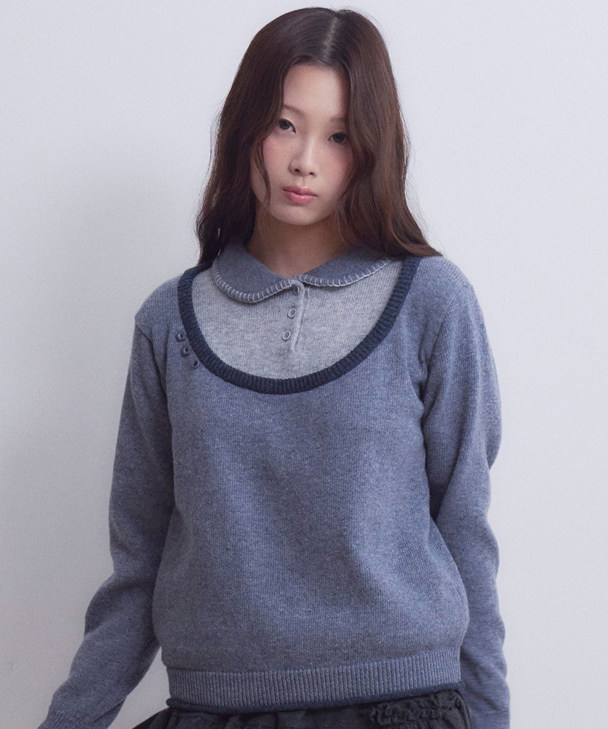 오피쉬(OAFISH) Rolled U-Neck Knit, Blue Gray