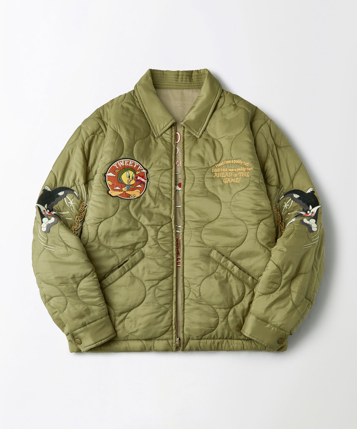 아웃스탠딩(OUTSTANDING) [LOONEY TUNES] REVERSIBLE QUILTED JACKET_KHAKI/OLIVE GREEN