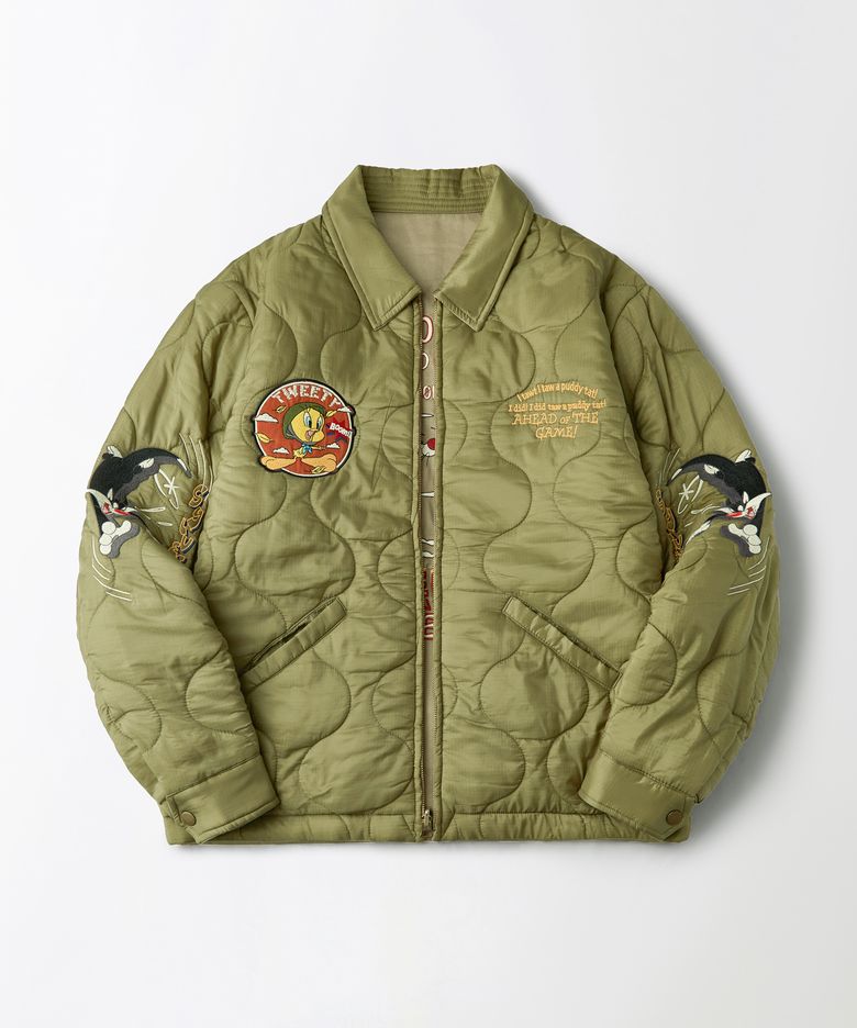 [LOONEY TUNES] REVERSIBLE QUILTED JACKET_KHAKI/OLIVE GREEN