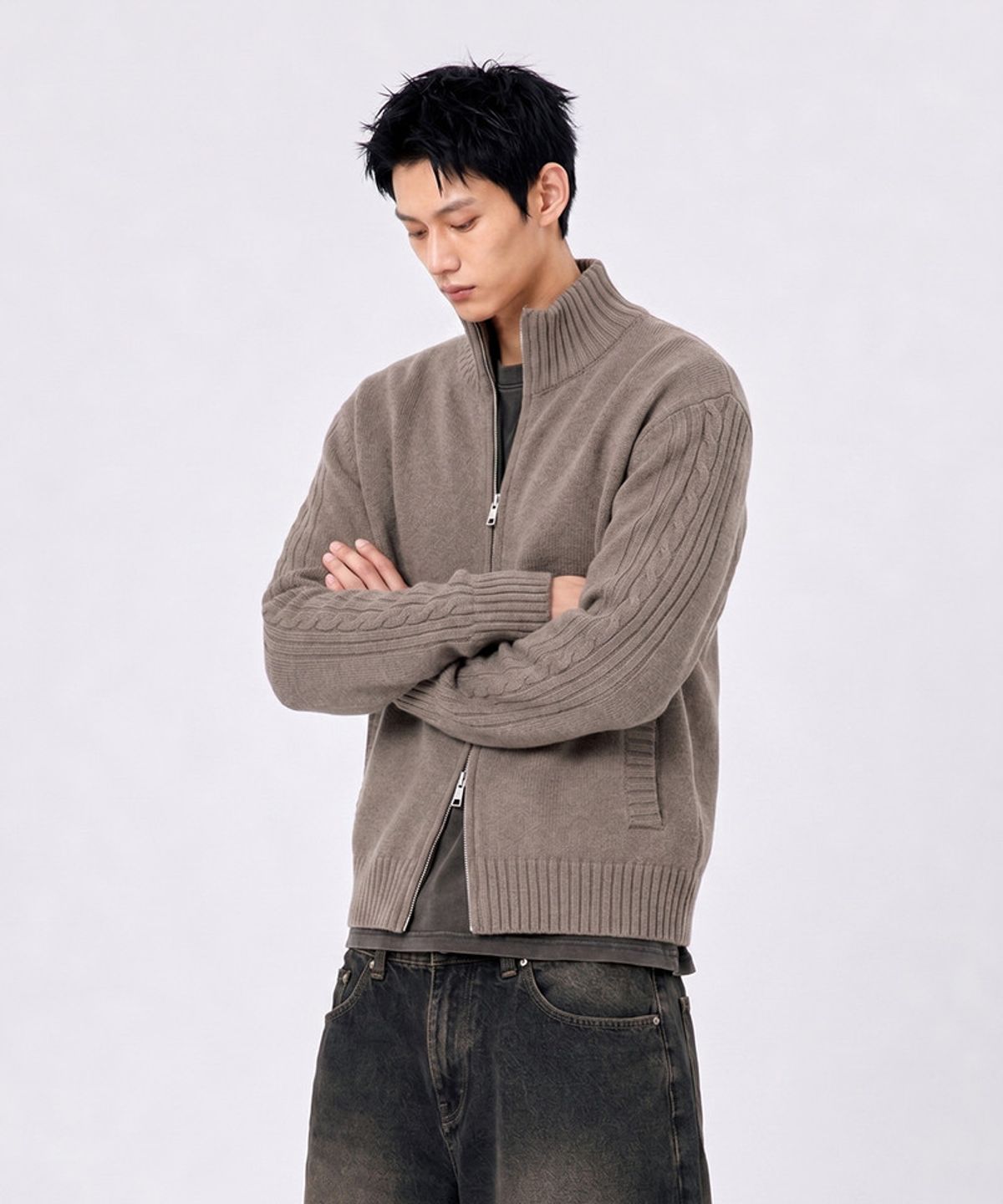 언더오프(UNDEROFF) 투웨이 크롭 피셔맨 집업 니트 그레이브라운