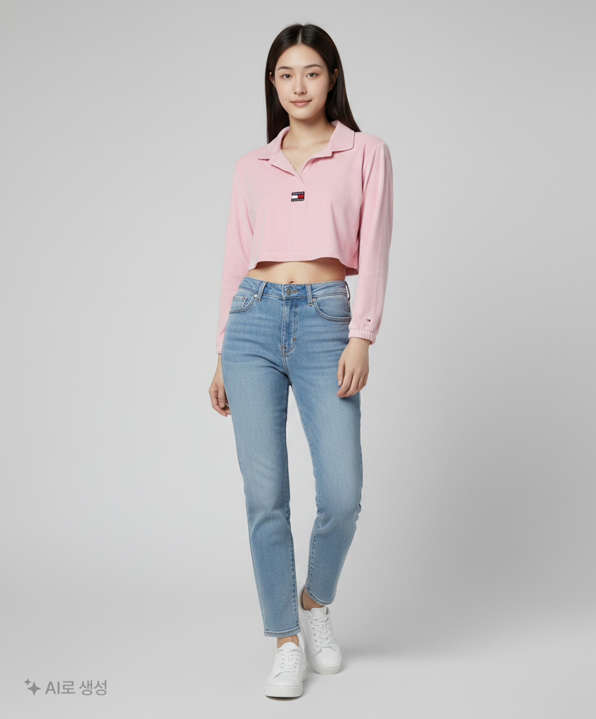 타미진스(TOMMY JEANS) 크롭 벨루어 뱃지 롱슬리브 티셔츠 (T32C7TKT55TWT1TOB) L
