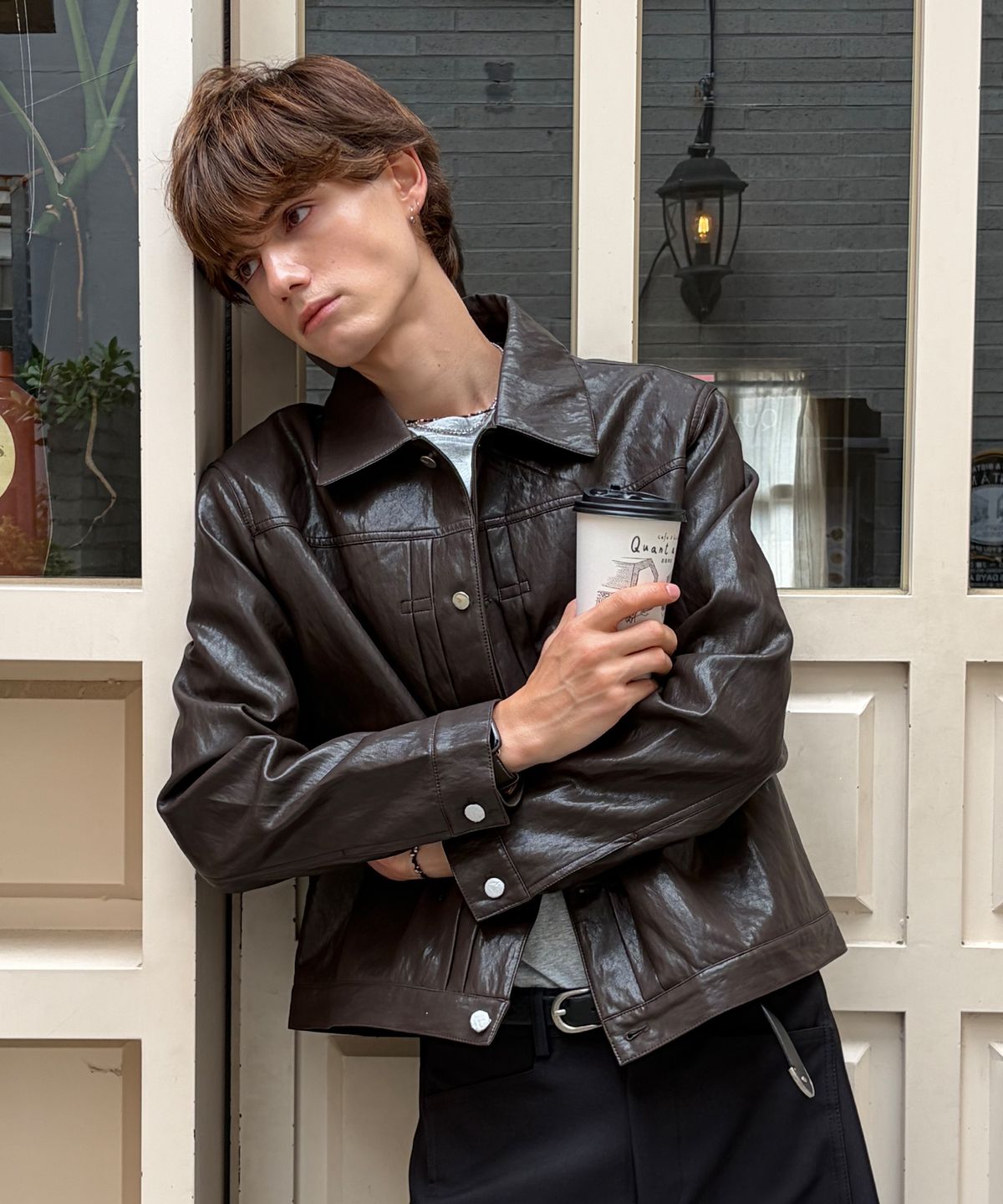 오우사(OWSA) 빈티지 핀턱 레더 자켓 - 브라운