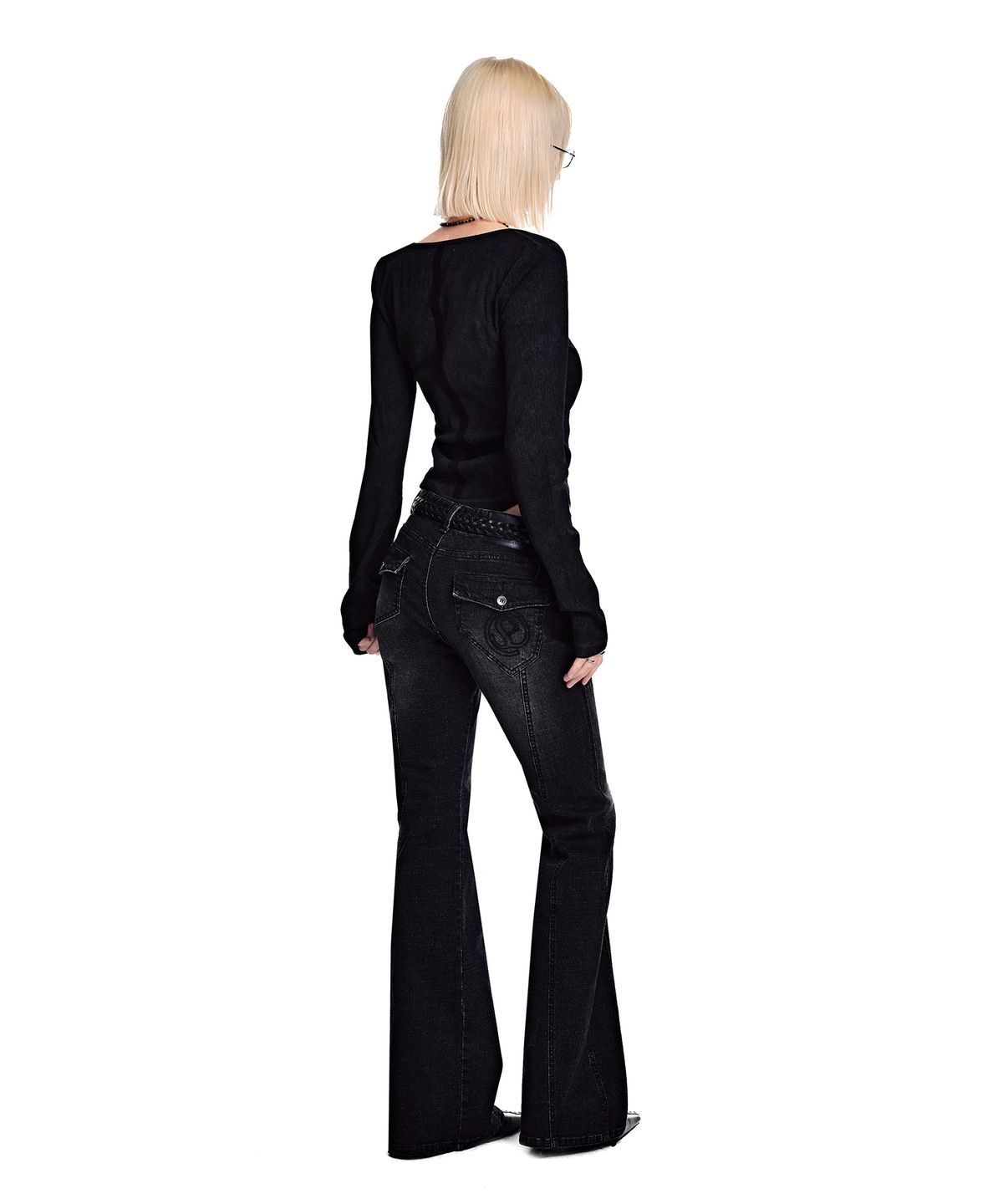 세컨모놀로그(SECONDMONO) Low Rise Panel Flared Denim [BLACK]_SEWPT019BLACK