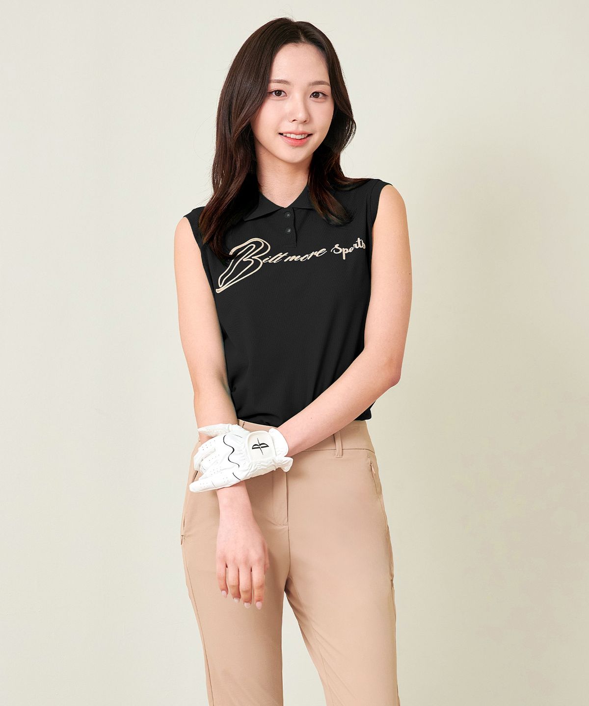 빌트모아(BILTMORE) 여성 레터링 카라 슬리브리스 탑