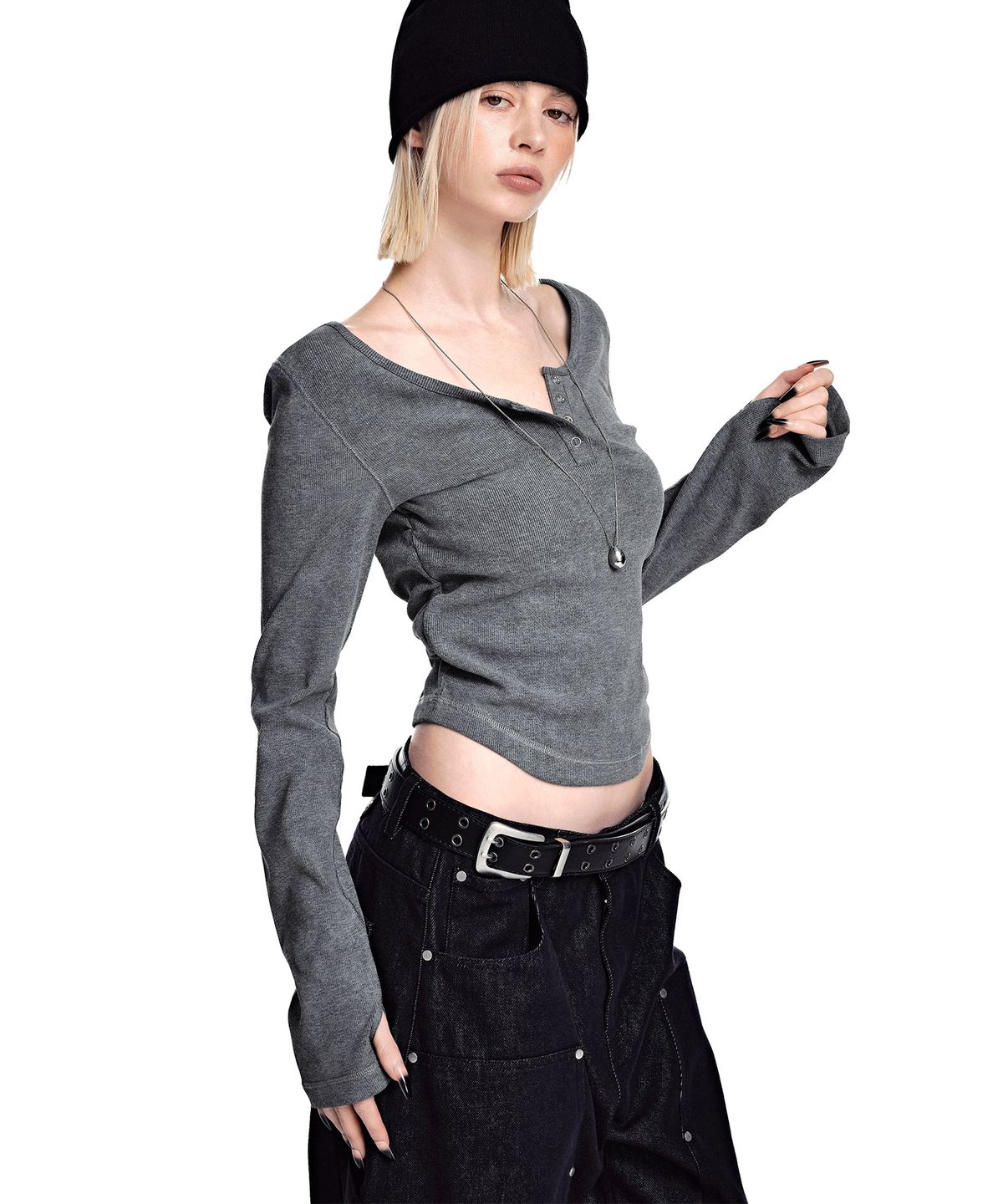 세컨모놀로그(SECONDMONO) Slim Fit Pigment Scoop Henley Top [GRAY]_SEWTS041GRAY