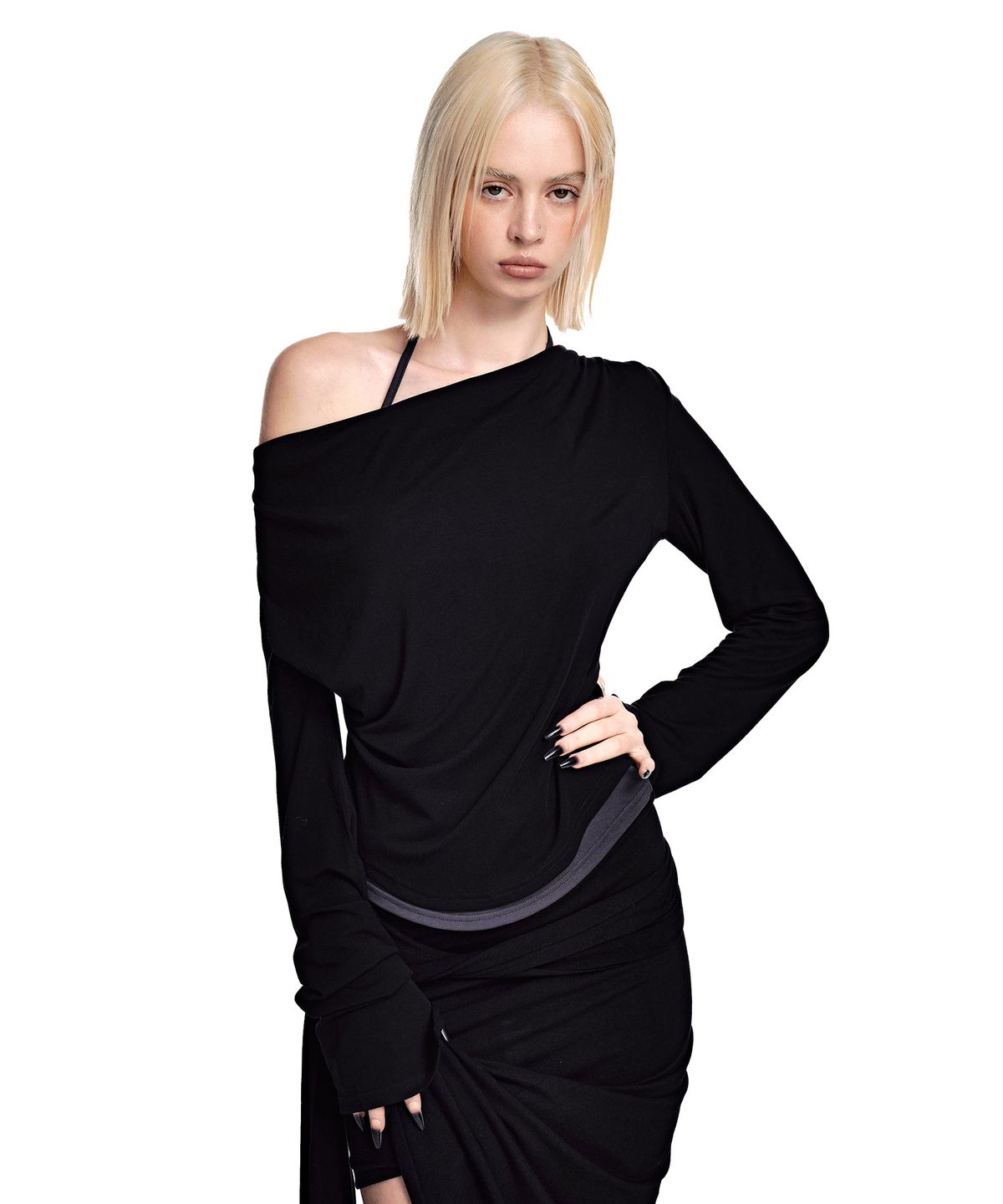 세컨모놀로그(SECONDMONO) 2-Way Layered Cowl Neck Top [BLACK]_SEWTS037BLACK