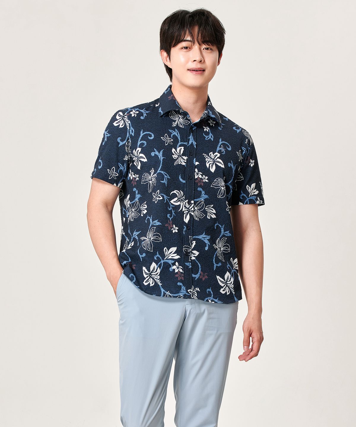 빌트모아(BILTMORE) 남성 썸머 시어서커 플라워 패턴 반팔 셔츠