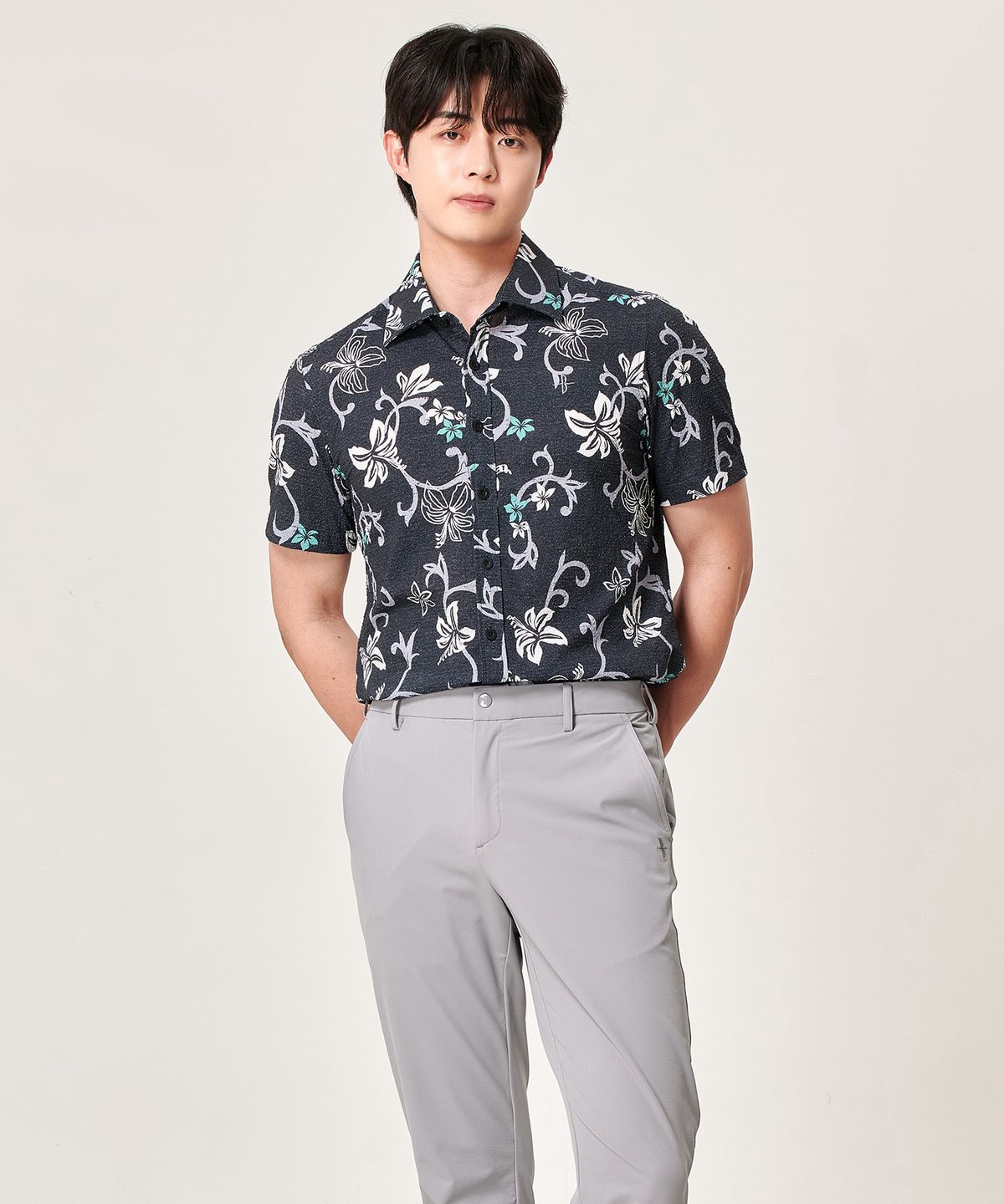 빌트모아(BILTMORE) 남성 썸머 시어서커 플라워 패턴 반팔 셔츠